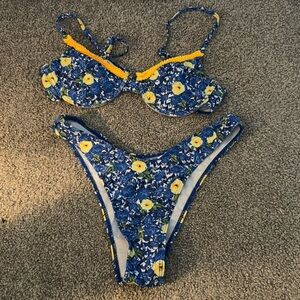 blue and yellow flower wire bikini top and bottoms